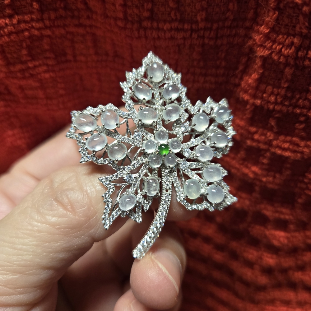 Elegant Silver Jade Leaf Brooch